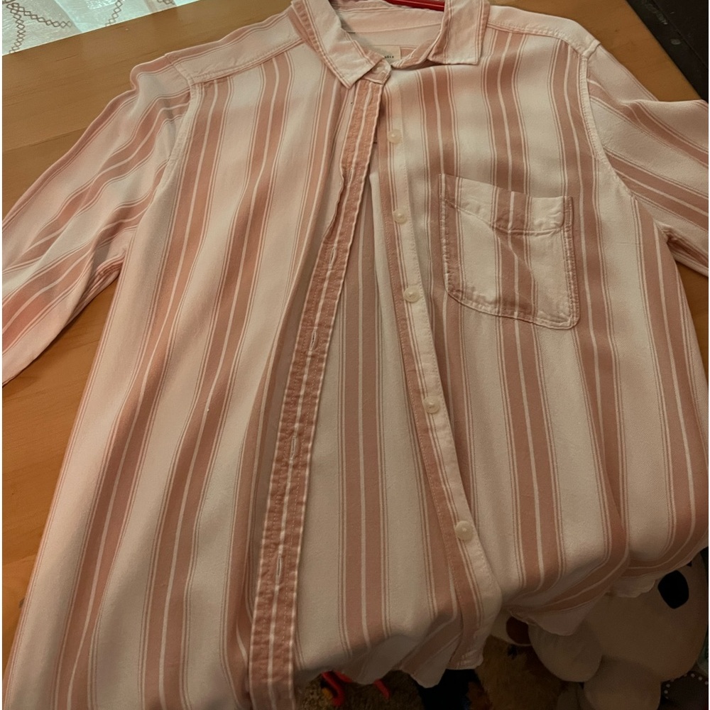 pink and white button up